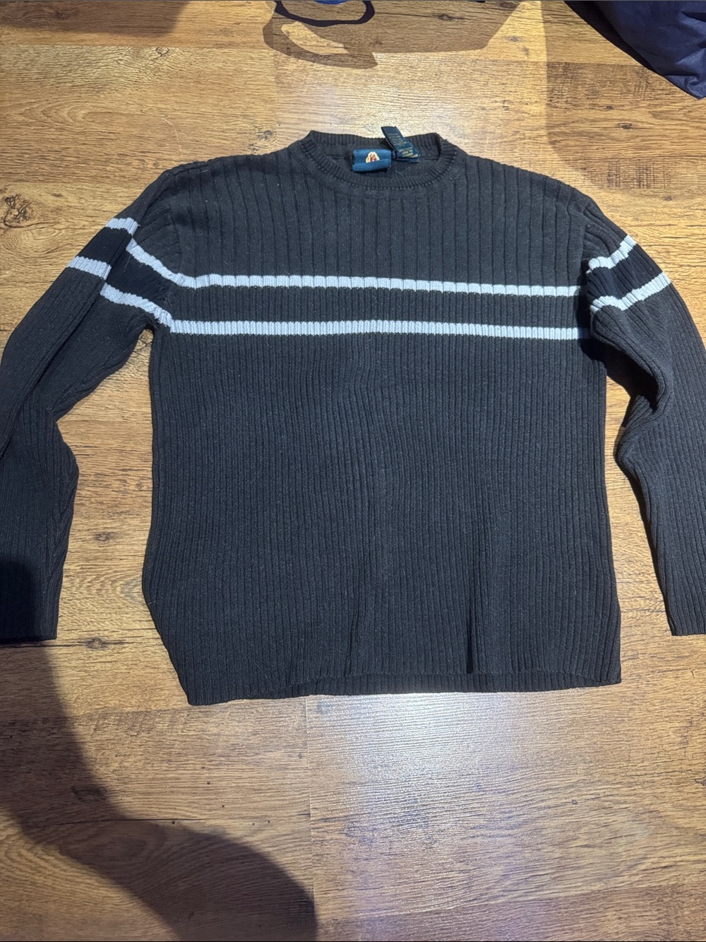 burnside Black Crewneck Sweater with Light Gray Stripes